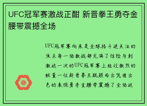 UFC冠军赛激战正酣 新晋拳王勇夺金腰带震撼全场